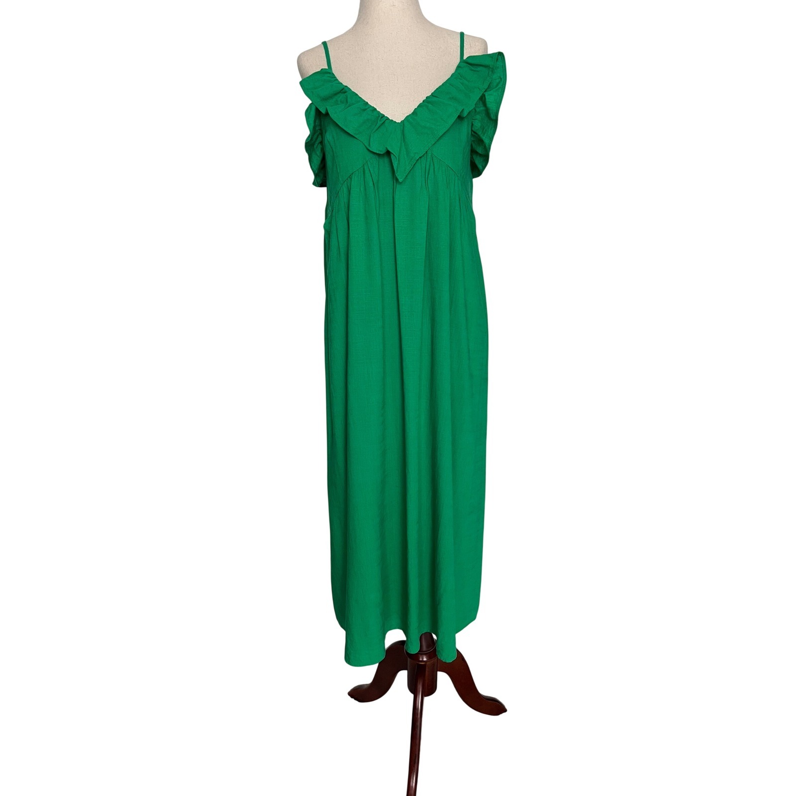 Thml Womens M Kelly Green Midi Dress Ruffle V-Neck Spaghetti Strap Flowy Relaxed